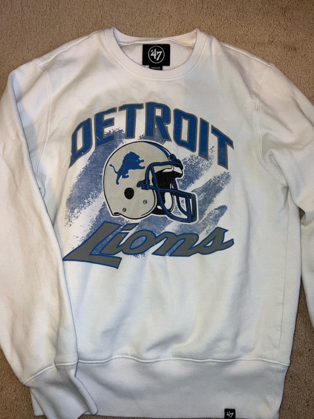 47 White Detroit Lions Crewneck with Blue Graphic